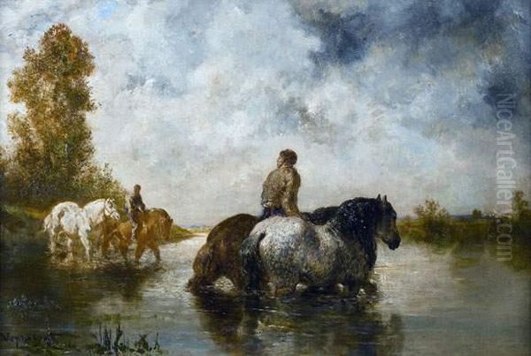 Chevaux A La Mare Oil Painting by Jules Jacques Veyrassat