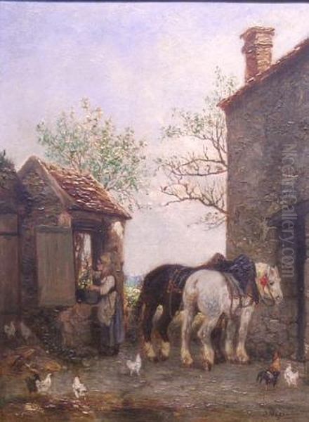 In The Barnyard Oil Painting by Jules Jacques Veyrassat