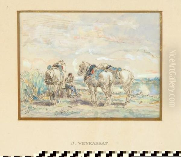 Dray Horses And Hay Making: Two Oil Painting by Jules Jacques Veyrassat