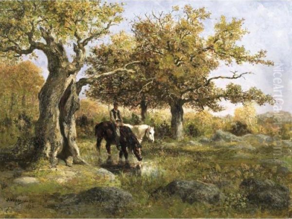 Horses Watering Oil Painting by Jules Jacques Veyrassat