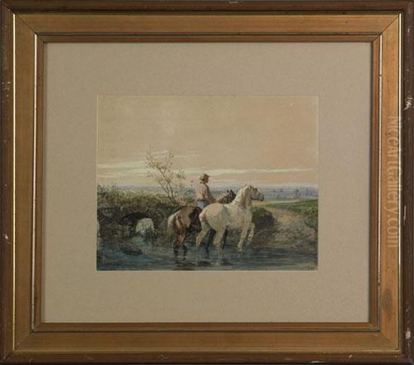 Landscape With A Gentleman And Two Horses Crossing Astream Oil Painting by Jules Jacques Veyrassat