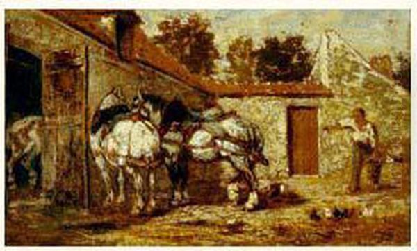 Chevaux De Labour Dans Une Cour De Ferme Oil Painting by Jules Jacques Veyrassat