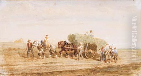 Un Paysage Avec Deux Chevaux Tirant Une Charette De Foin Oil Painting by Jules Jacques Veyrassat