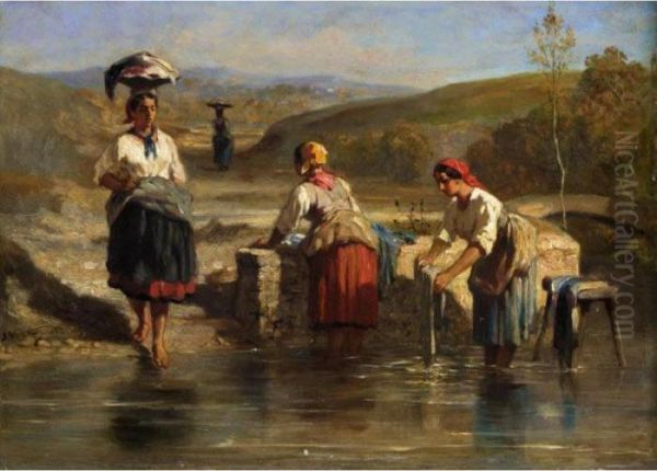 Washer Women Oil Painting by Jules Jacques Veyrassat