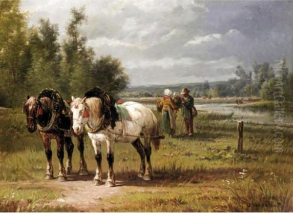 Landscape With Horses And Figures Oil Painting by Jules Jacques Veyrassat