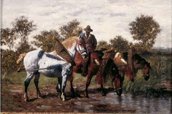 La Halte Aux Chevaux Oil Painting by Jules Jacques Veyrassat