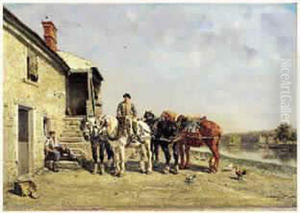 Les Chevaux De Halage Au Relais Oil Painting by Jules Jacques Veyrassat