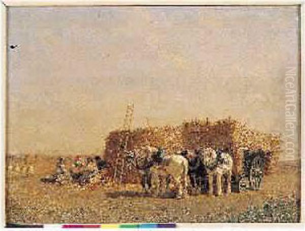 Repos Des Chevaux De Labour Oil Painting by Jules Jacques Veyrassat