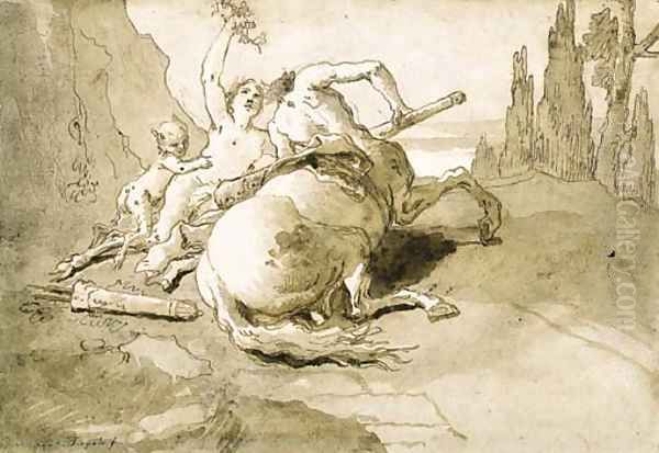 A centaur garlanded by a satyress and a faun Oil Painting by Giovanni Domenico Tiepolo