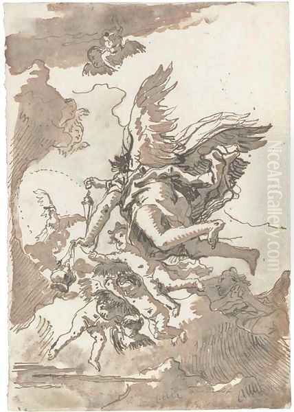 A group of angels in flight, one holding a censer Oil Painting by Giovanni Domenico Tiepolo