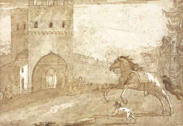 A riderless horse galloping in front of a fortified tower, a Punchinello lying on the ground in the distance Oil Painting by Giovanni Domenico Tiepolo