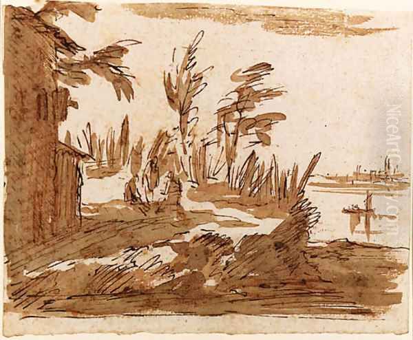 A View of the Lagoon with three Figures by a House, Venice in the background Oil Painting by Giovanni Domenico Tiepolo