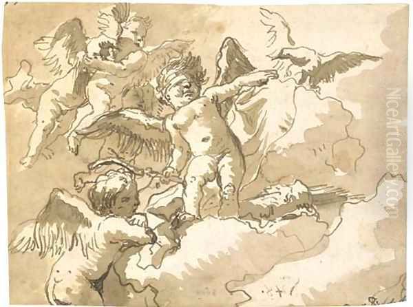 A blindfolded putto standing on a cloud with other putti and an eagle Oil Painting by Giovanni Domenico Tiepolo