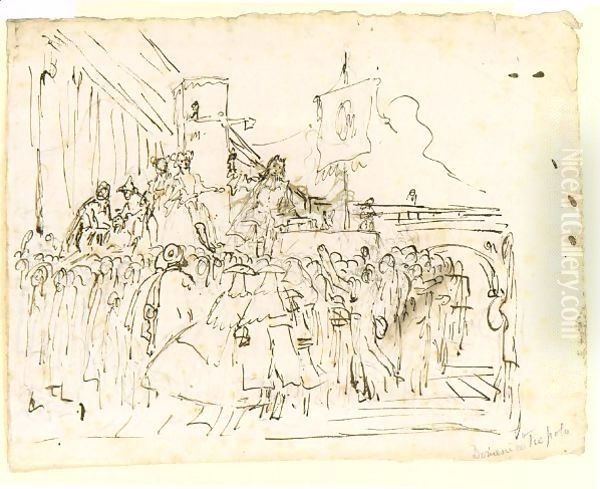 A crowd watching a charlatan Oil Painting by Giovanni Domenico Tiepolo