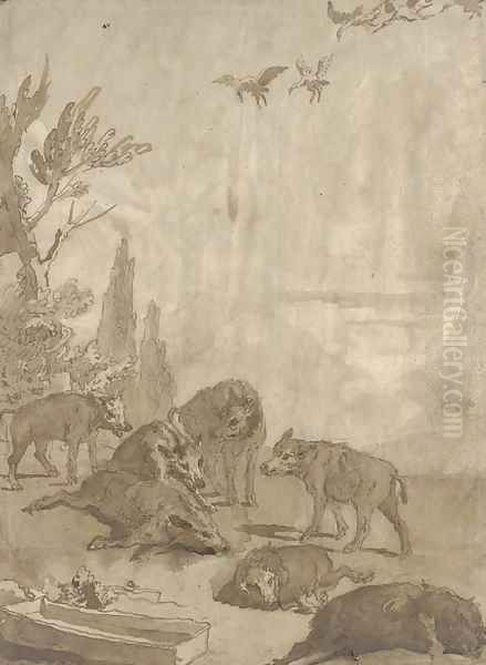 A pack of wolves with three dead boar, a flock of geese above Oil Painting by Giovanni Domenico Tiepolo