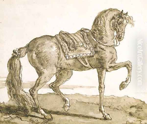 A saddled horse, in profile to the right Oil Painting by Giovanni Domenico Tiepolo