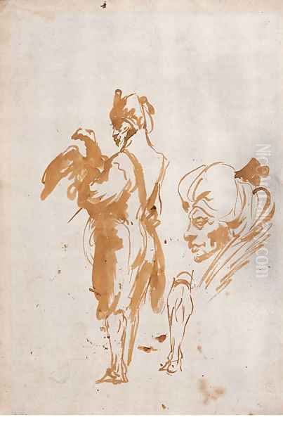 An Oriental holding an Eagle, and a subsidiary study of a head and a leg Oil Painting by Giovanni Domenico Tiepolo