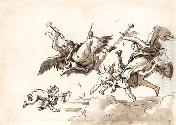 Angels in flight blowing trumpets Oil Painting by Giovanni Domenico Tiepolo