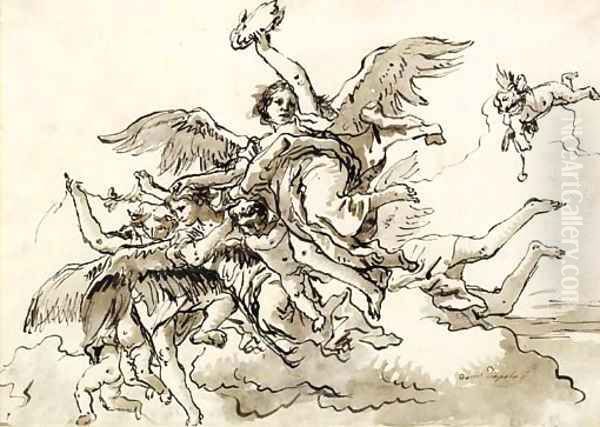 Angels with a Victor's Crown and Putti in the Clouds Oil Painting by Giovanni Domenico Tiepolo