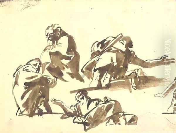 Four studies of men seen di sotto in su Oil Painting by Giovanni Domenico Tiepolo