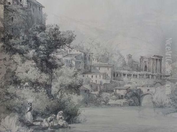 Les Lavandieres A Tivoli Oil Painting by Achille Vianelli