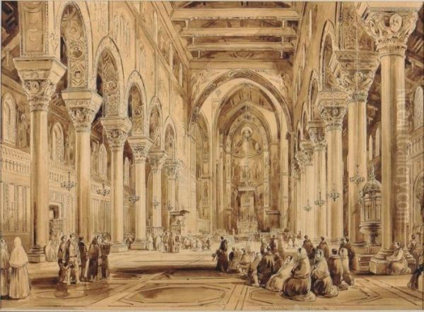 Vue De La Cathedrale De Monreale En Sicile Lavis Oil Painting by Achille Vianelli