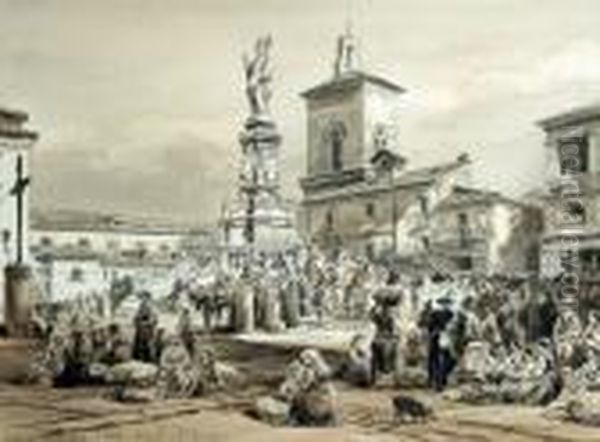 Piazza Di Benevento Oil Painting by Achille Vianelli