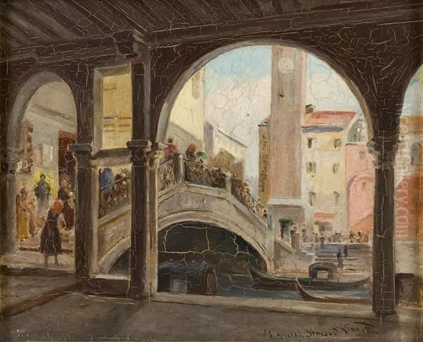 Ponte Del Rialto A Venezia Con Figure Oil Painting by Achille Vianelli