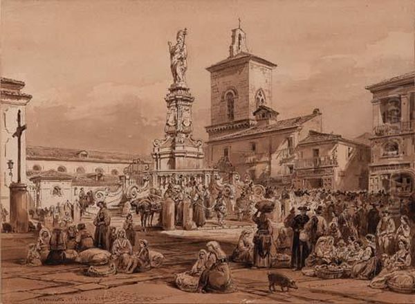 Mercato In Piazza Orsini A Benevento Oil Painting by Achille Vianelli