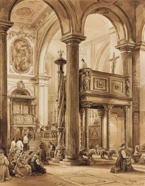 Interno Del Duomo Di Benevento - 1845 Oil Painting by Achille Vianelli