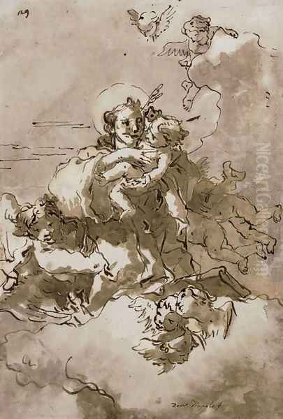 Saint Anthony and the Christ Child with angels and putti Oil Painting by Giovanni Domenico Tiepolo