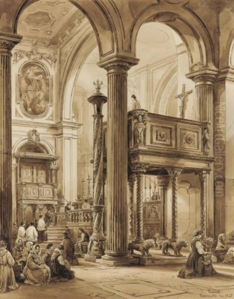 Interno Del Duomo di Benevento - 1845 Oil Painting by Achille Vianelli