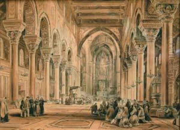 Interno Del Duomo Di Monreale A Palermo Oil Painting by Achille Vianelli