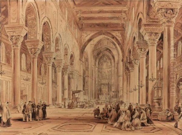 Interno Della Cattedrale Di Monreale - 1858 Oil Painting by Achille Vianelli