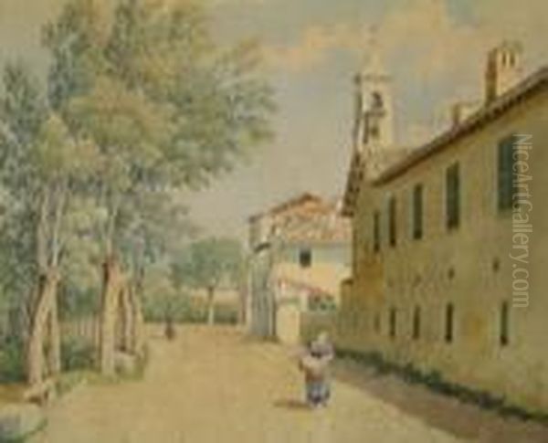 Scorcio Di Paese Con Lavandaia Oil Painting by Achille Vianelli