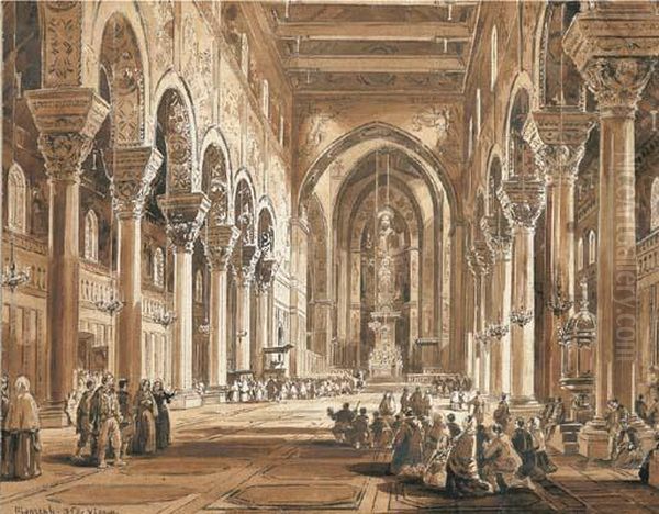 Interno Del Duomo Di Monreale Oil Painting by Achille Vianelli