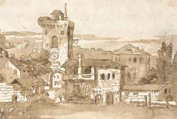 View of a village with a tower, after Marco Ricci Oil Painting by Giovanni Domenico Tiepolo