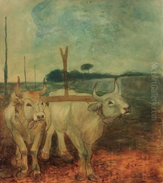 Buoi Nei Campi Oil Painting by Lorenzo Viani