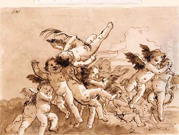 Angels in Flight, one holding a palm Oil Painting by Giovanni Domenico Tiepolo