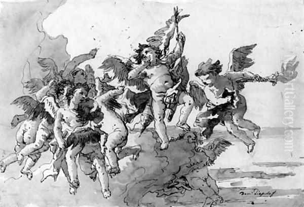 Cupid with putti and a torch amongst clouds Oil Painting by Giovanni Domenico Tiepolo