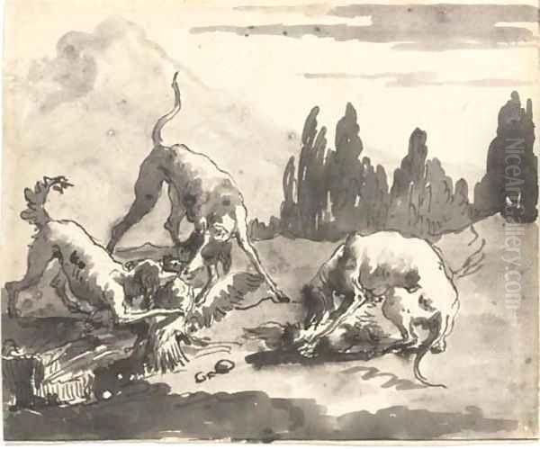 Dogs attacking chickens in a landscape Oil Painting by Giovanni Domenico Tiepolo