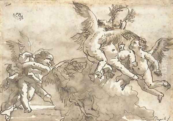 Putti playing with a crown of laurels, Cupid blindfolded to the left Oil Painting by Giovanni Domenico Tiepolo