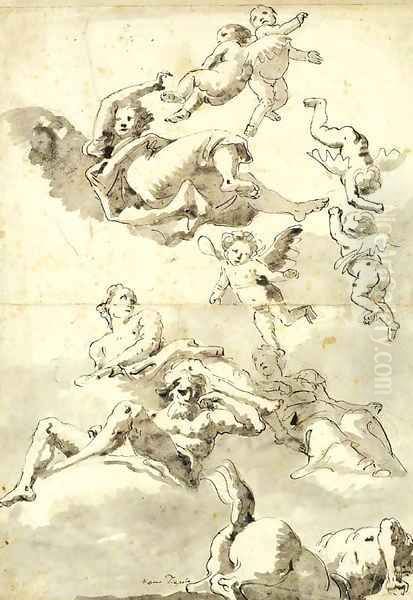 Rivergods, putti and other figures, and a centaur in the sky Study for a ceiling Oil Painting by Giovanni Domenico Tiepolo