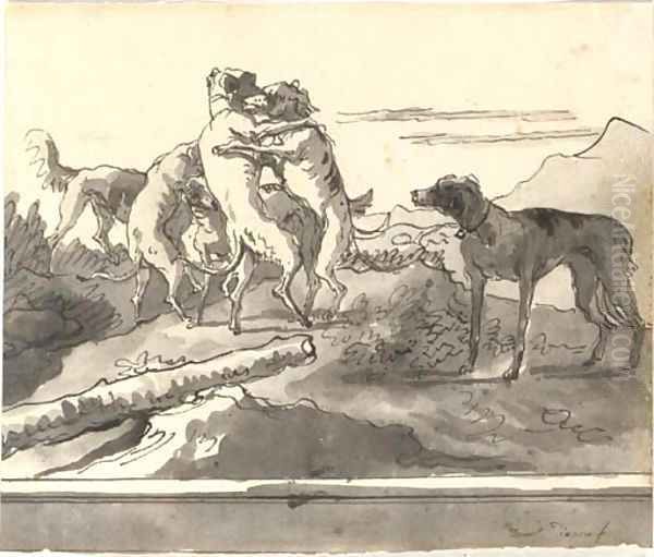 Dogs playing in a landscape Oil Painting by Giovanni Domenico Tiepolo