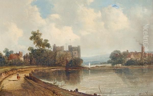 River Landscape With Castle Oil Painting by A.H. Vickers