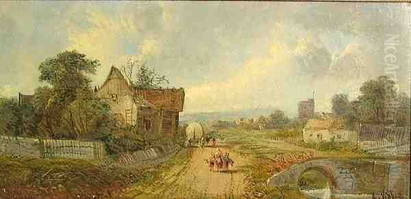 A View Of A Village With Figures Near A Bridge Oil Painting by A.H. Vickers