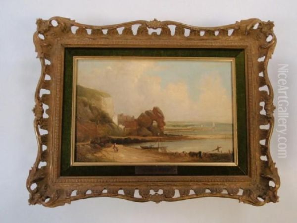 A Coastal Cove Scene With Figures And Boat Oil Painting by A.H. Vickers