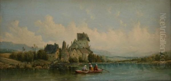 Anglers In A Boat On A River, Houses Beyond Oil Painting by A.H. Vickers