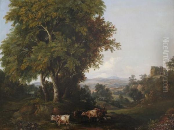 A Drover With Cattle And Goats In A Landscape Oil Painting by A.H. Vickers