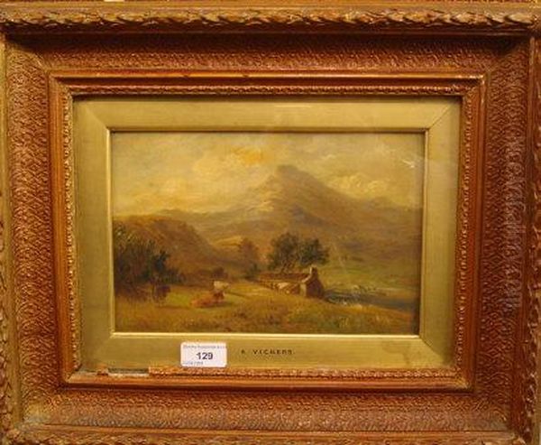 Cows Before Cottage With Mountains Beyond Oil Painting by A.H. Vickers